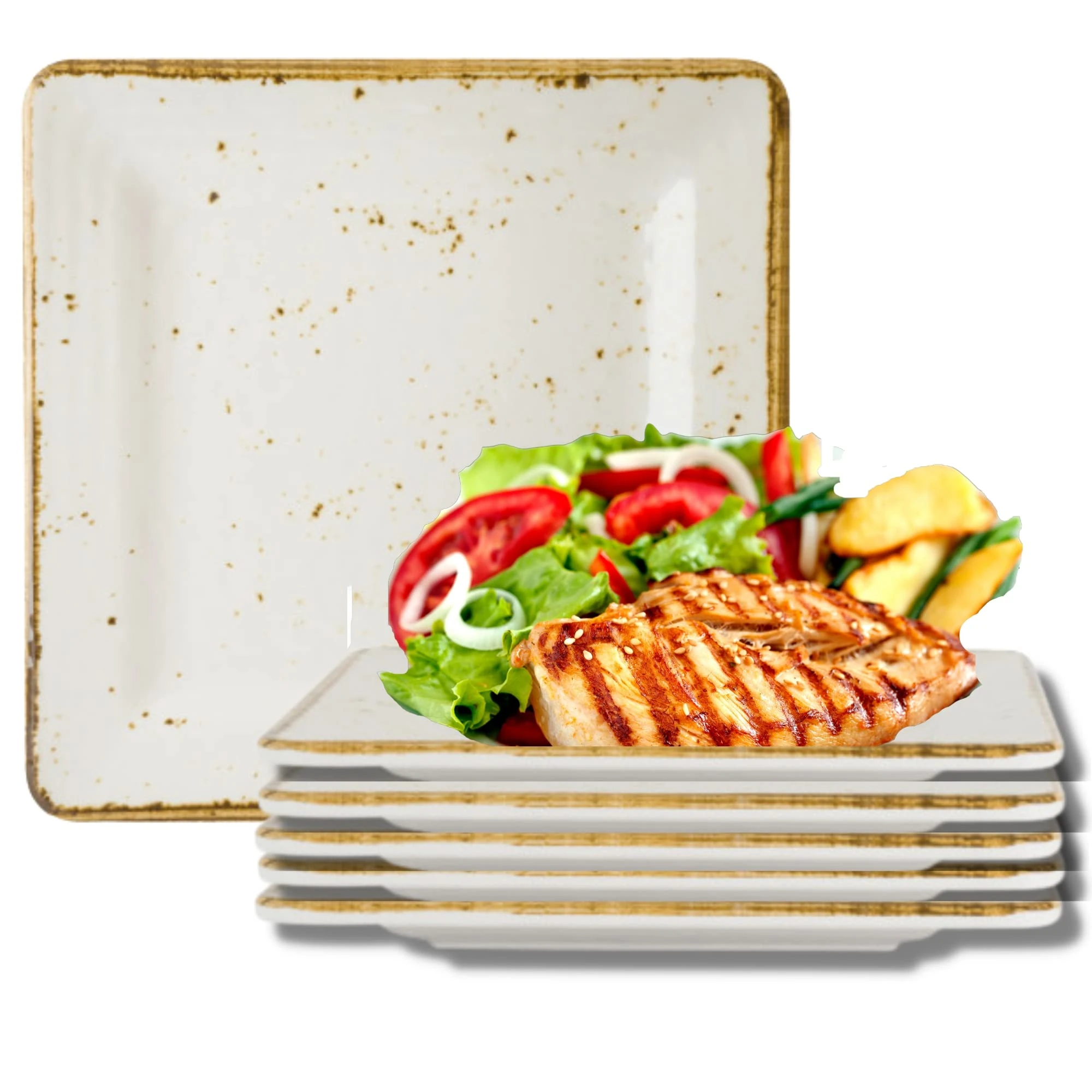 Steelite International 68A540EL785 Melamine Large Dinner Plate, Heavy Duty, Break Resistant Grade, Craft Coupe 11" Square, Brown Rim, Rustic Speckled, Set of 6, Cream