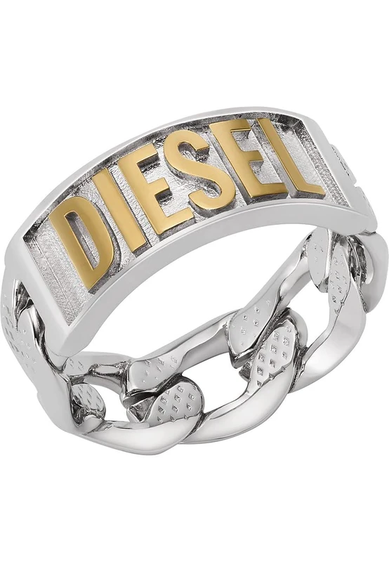 Diesel Men's Stainless Steel Band Rings, 9, Light grey and gold tone