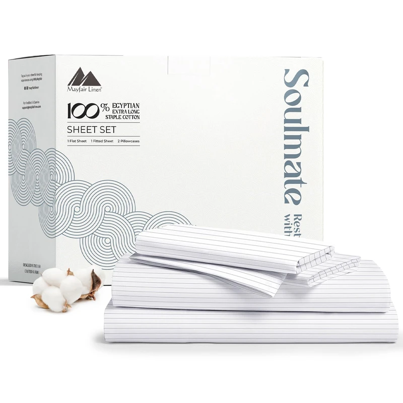 Mayfair Linen 100% Cotton Printed Bed Sheets Twin Size Set - 500 Thread Count Cotton Twin XL Sheets for Dorm Room, 3 PC Set (Pinstripe Light Grey), Soft, Cooling, Sateen Weave 16" Deep Pocket Bedsheet