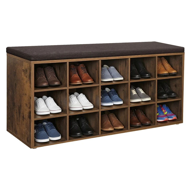 VASAGLE Shoe Bench, Shoe Cabinet, 15 Compartment Hallway Bench and Padded Seat, 30 x 105 x 48 cm, Entrance, Bedroom, Living Room, Rustic Brown and Brown LHS15BX