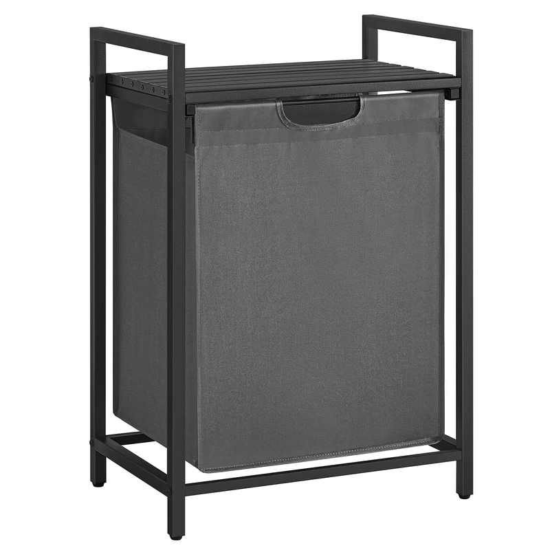 VASAGLE Laundry Basket, Laundry Hamper, Pull-Out and Removable Liner Bag, Shelf, Metal Frame, 65 L, 50 x 33 x 72 cm, Slate Grey and Charcoal Grey BLH101G01