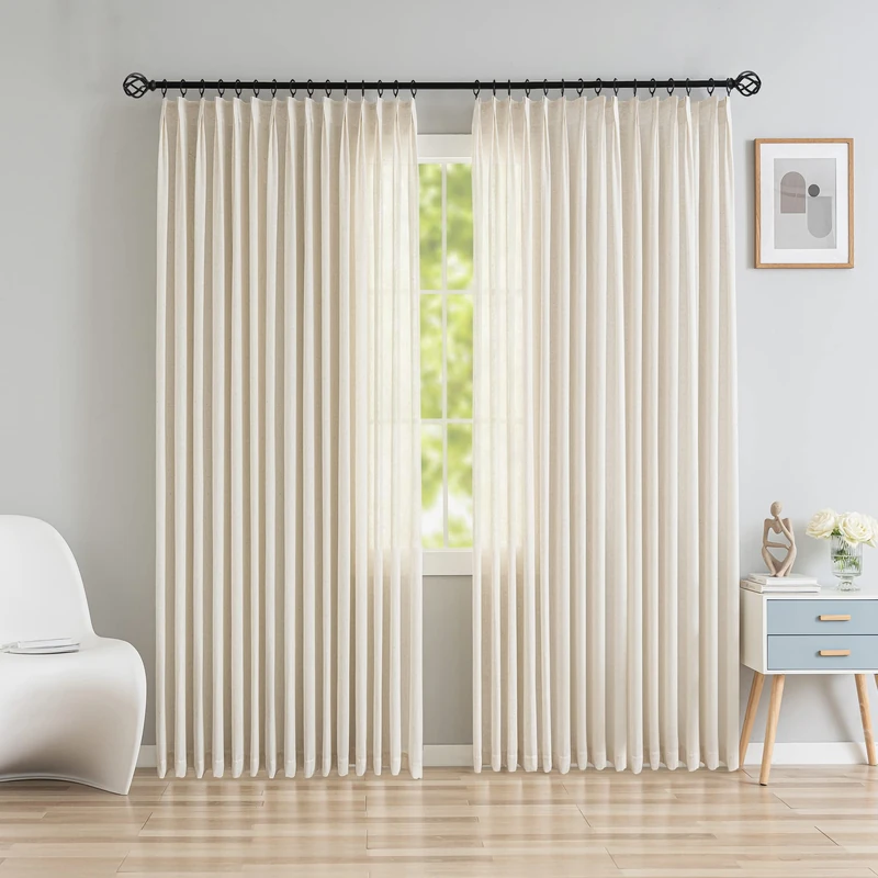 OYRING Faux Linen Double Pinch Pleated Window Curtains, Light Filtering Beige Semi Sheer Pinch Pleated Drapes for Living Room 84" W x 96" L 1 Panel