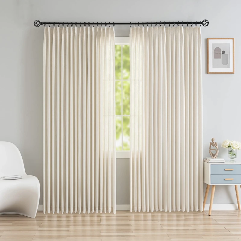 OYRING Faux Linen Pinch Pleat Curtains 108 inches Long Double Pinch Pleated Drapes for Bedroom, Easy Hanging Via Hooks 1 Panel Natural Linen 100" W x 108" L