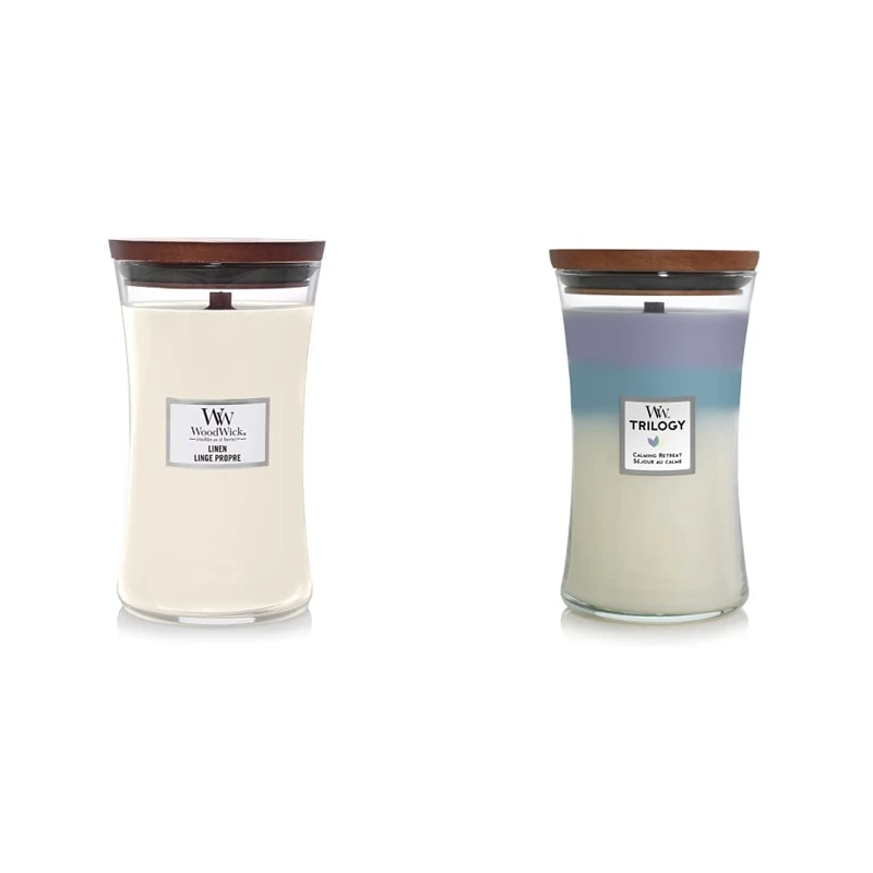 Woodwick Large Hourglass Scented Candle | Linen Linen & Large Hourglass Trilogy Scented Candle | Calming Retreat | with Crackling Wick | Burn Time: Up to 130 Hours Glass, Calming Retreat