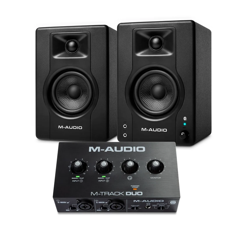 M-AUDIO BX4 Pair Bluetooth Studio Monitors Bundle with Dual XLR Audio Interface for Studio Recording, Music Production, Podcasting, Streaming