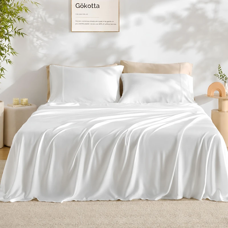GOKOTTA 4-piece full size sheet set, 100% bamboo rayson for thick mattresses up to 38 cm, with elastic corner stripes, cooling, silky soft and breathable, light white