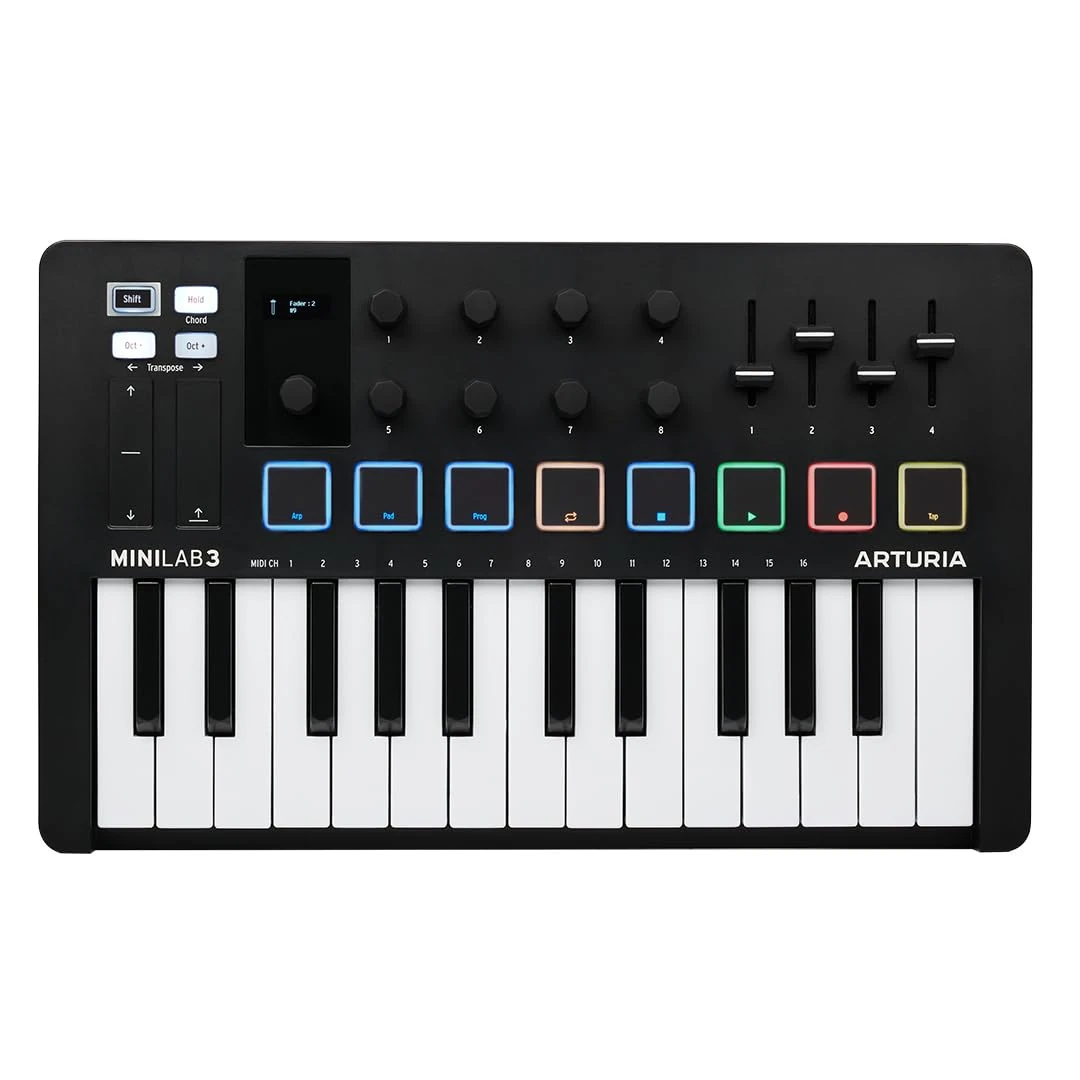 Arturia MiniLab 3 Universal 25 Key MIDI Controller, with software bundle, 8 RGB Pads, USB Powered, Chord Mode, NKS Compatible, Black