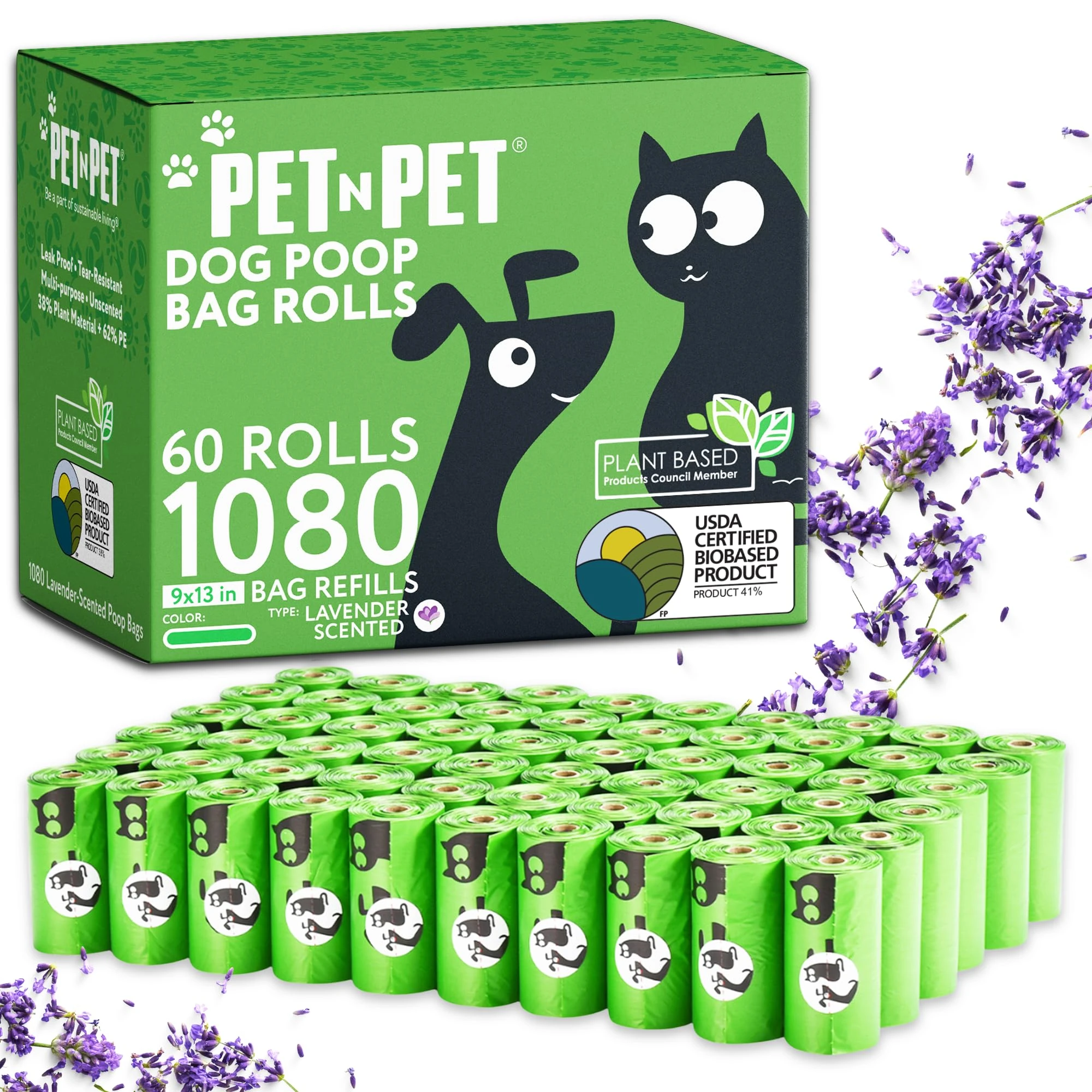 PET N PET 1080 Count Poo Bags Dogs USDA 41% Plant Based 72 Thick Dog Poop Bags Rolls 9x13 Leak-Proof Lavender Scented