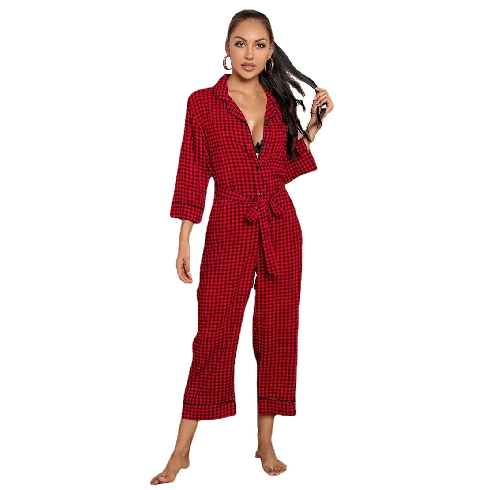 Womens Pyjamas, Ladies Jumpsuit All in One Piece Sleepsuit, PJS Nightwear Winter for Women, Soft and Comfortable,Red,M