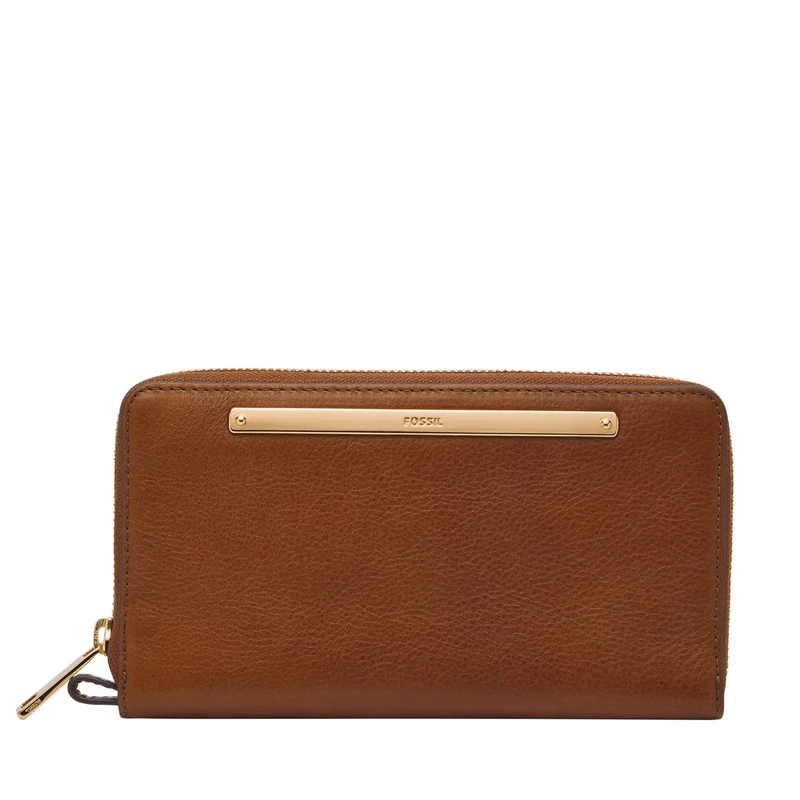 FOSSIL Women's Liza Leather Zip Around Clutch Wallet With Retractable Wristlet Strap for Women, Brown W/Gold, One Size