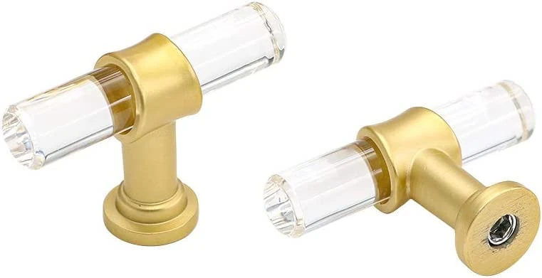 LONTAN 15 Pack Brass Cabinet Knobs - Acrylic T Bar Pulls, Gold Finish
