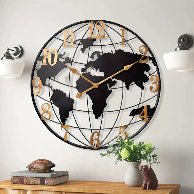 Large World Map Wall Clock, Metal Minimalist Modern Clock,Round Silent Non-Ticking Battery Operated Wall Clocks for Living Room/Home/Kitchen/Bedroom/Office/Farmhouse Decor (24 Inch) - Image 1