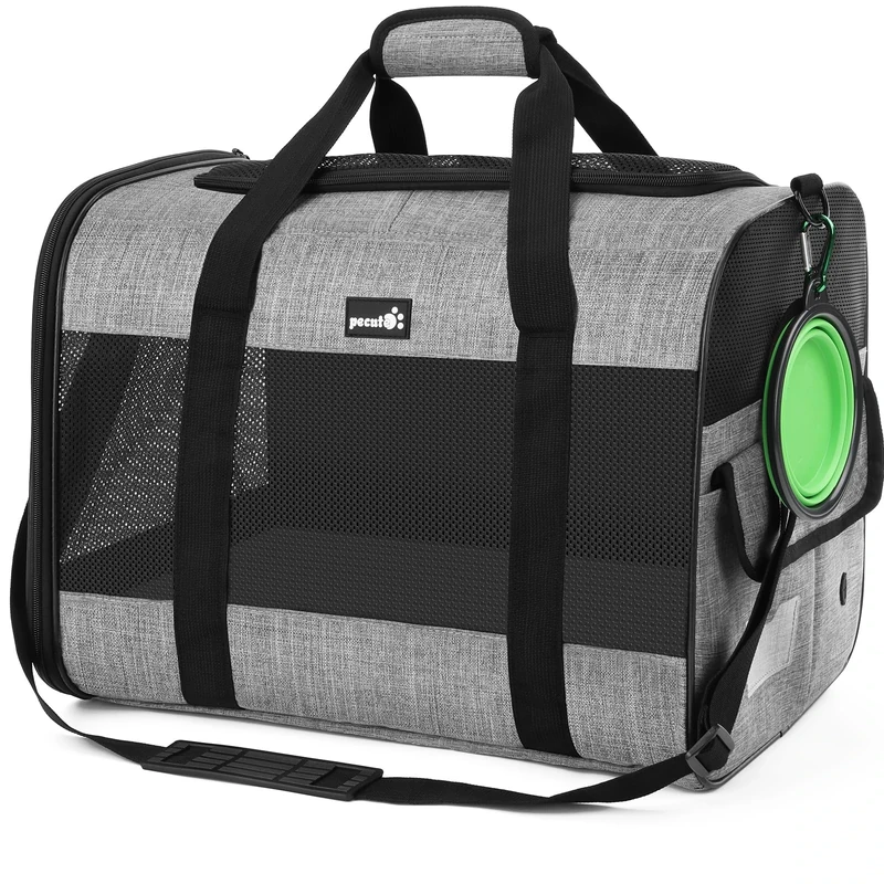 pecute Pet Carrier Bag, Cat Carrier Handbag, Portable Dog Travel Bag with Foldable Bowl, Breathable Mesh Fabric, Suitable for Both Long And Short Trips, Used for Cats and Puppies (XL,Grey)