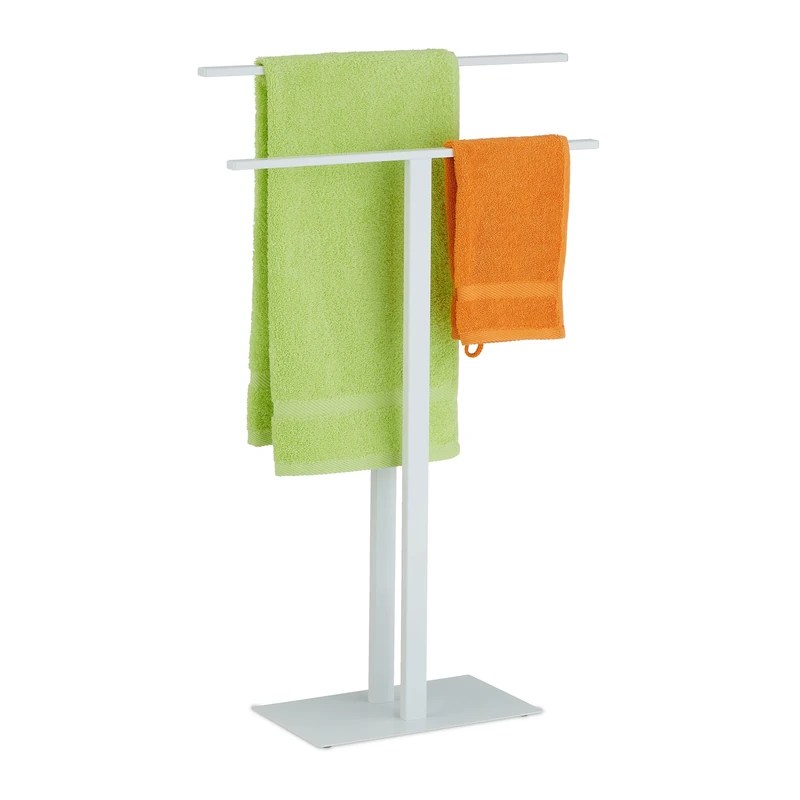 Relaxdays Towel Rack, 2 Rails, T-Design, H x W x D: 82 x 50 x 19 cm, Standing Towel Holder, Metal, White