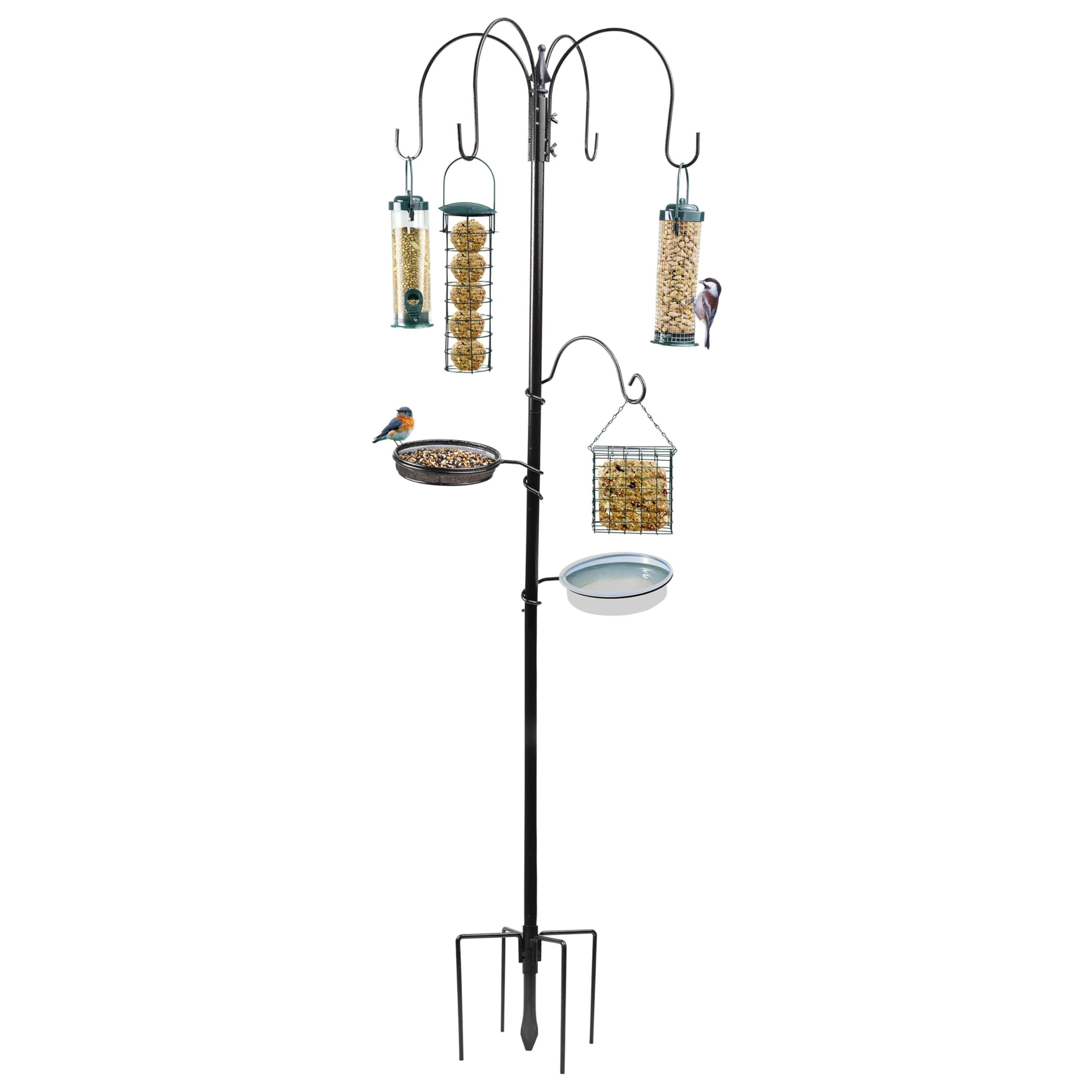 Crystals Garden Wild Bird Feeder Feeding Station with Water Bath Table, Seed Tray, Hanging Feeders + Feeding Station Stabiliser Ground Spikes Stand (4 Pole Station + Stabilizer)