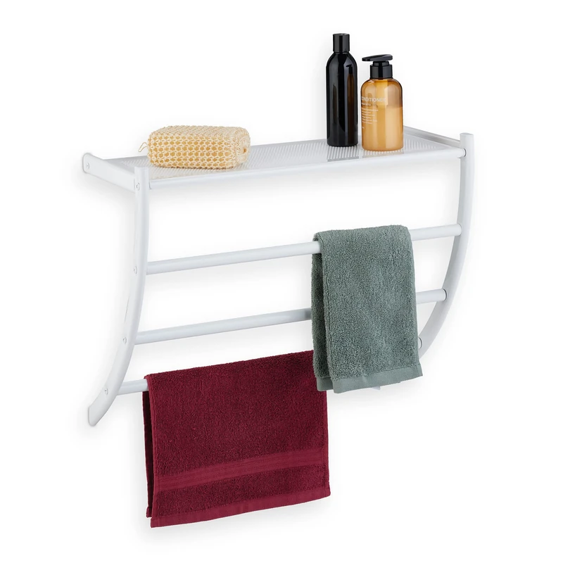 Relaxdays Towel Rack, 3 Rails, H x W x D: 44 x 56.5 x 23 cm, Wall Towel Holder, Steel, White