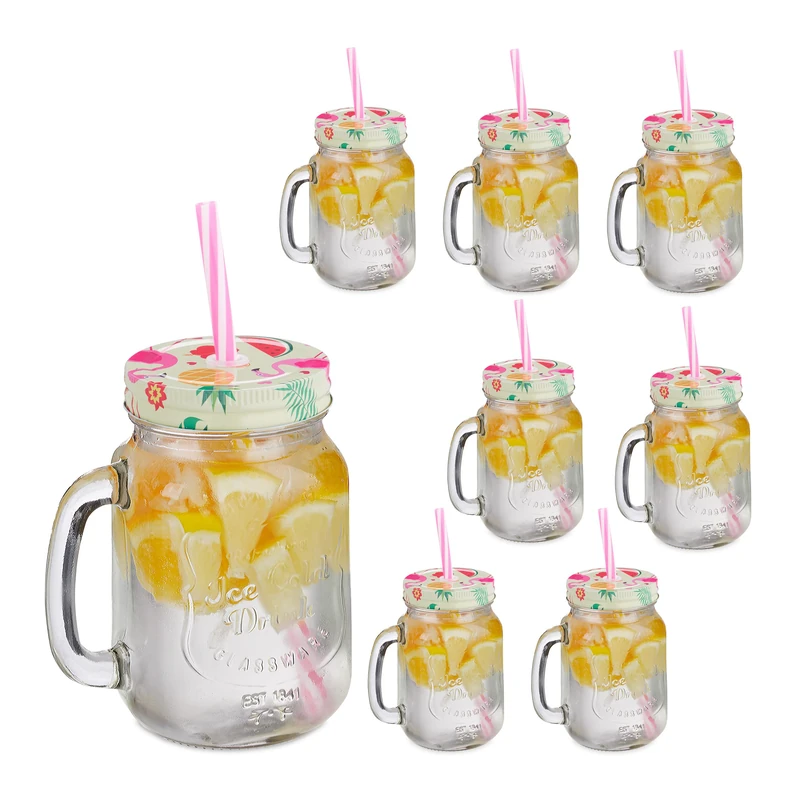 Relaxdays Set of 8 Drinking Glasses, Lids & Straws, Fruit and Flamingo Motif, 500ml, Summer, Jars with Handle, Colourful