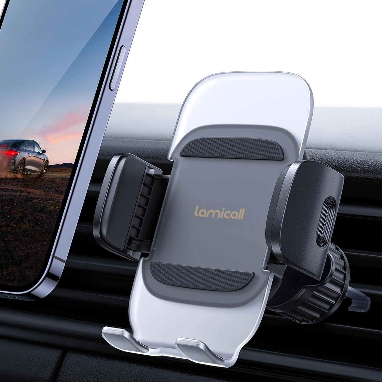 Lamicall Car Vent Phone Holder - [2025 Spring Clip] Quick Release Car Phone Mount with Metal Hook, Universal Air Vent Cradle for iPhone 17 16 15 14 13 12 Pro Max Plus Air Mini, Samsung S25, 4-7” Phone