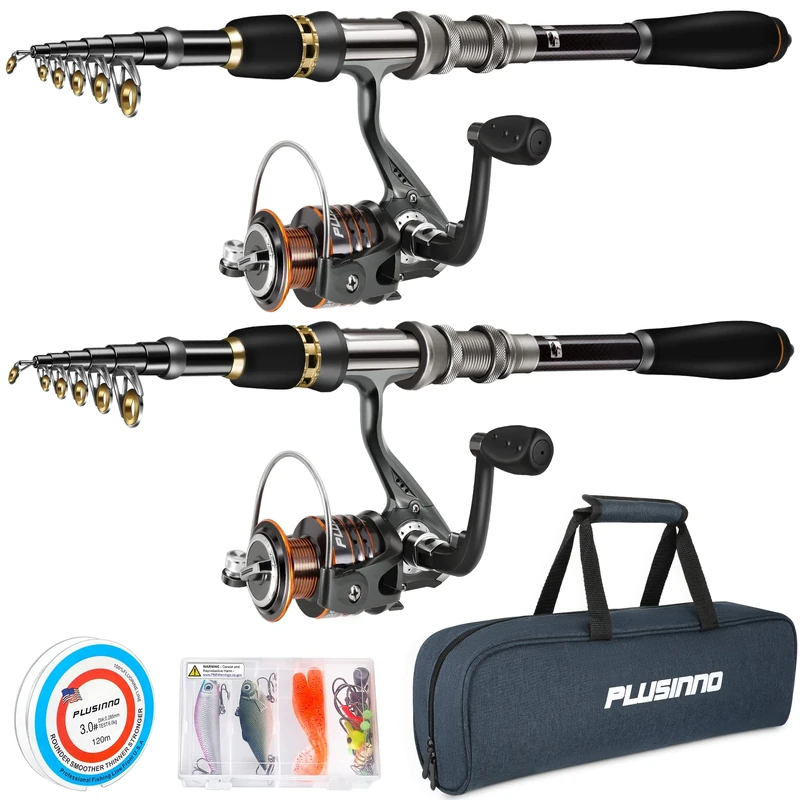 PLUSINNO, Carbon Fiber Telescopic Fishing Rod and Reel Complete Kit, 12 + 1 Shielded Bearings, Stainless Steel BB Spinning Reel, 2 Pack