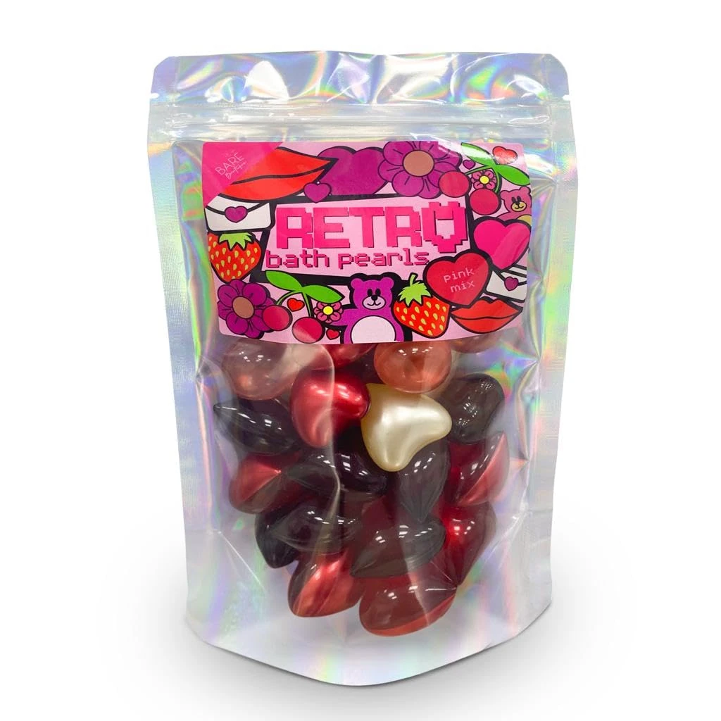 Retro 90's Bath Pearls Jumbo Bag of 30 - Pink Mix. Mixed Heart and Round Bath Pearls. Strawberry, Cherry, Vanilla, Lychee and Lotus Scented Hearts and Pearls.…