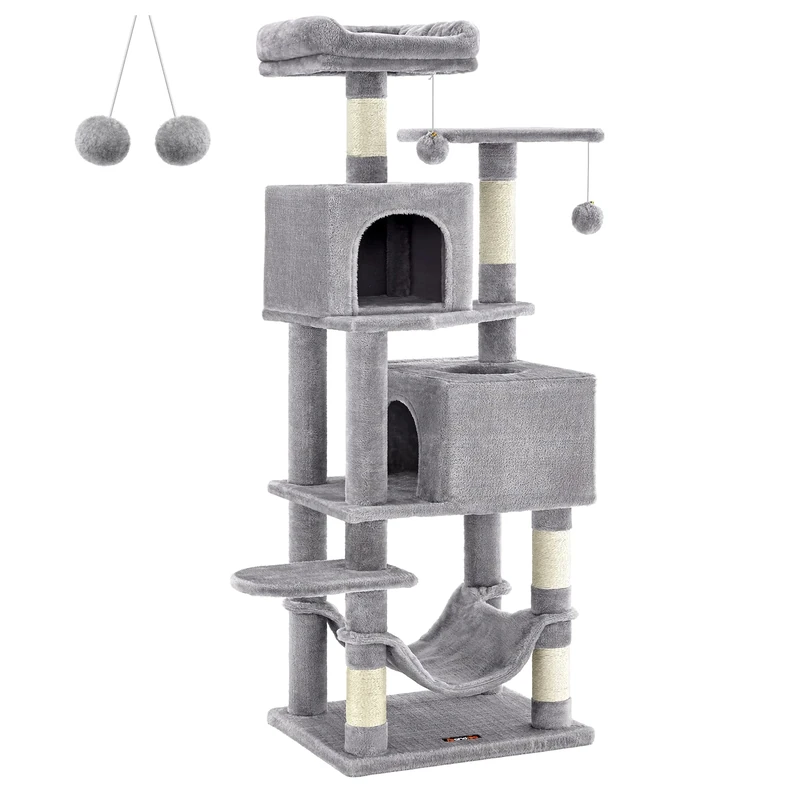 Feandrea Cat Tree, 155 cm Cat Tower for Indoor Cats, Plush Multi-Level Cat Condo with 5 Scratching Posts, 2 Caves, Hammock, 2 Pompoms, Light Grey PCT192W01