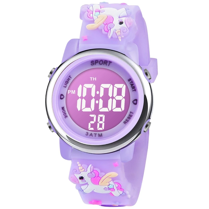 Vicloon Kids Watch, Toddler Digital Watch LED Electrical Watches 7 Color Lights with Alarm Stopwatch Unicorn Valentine's Day Gift for 3-10 Year Girls (Light Purple)
