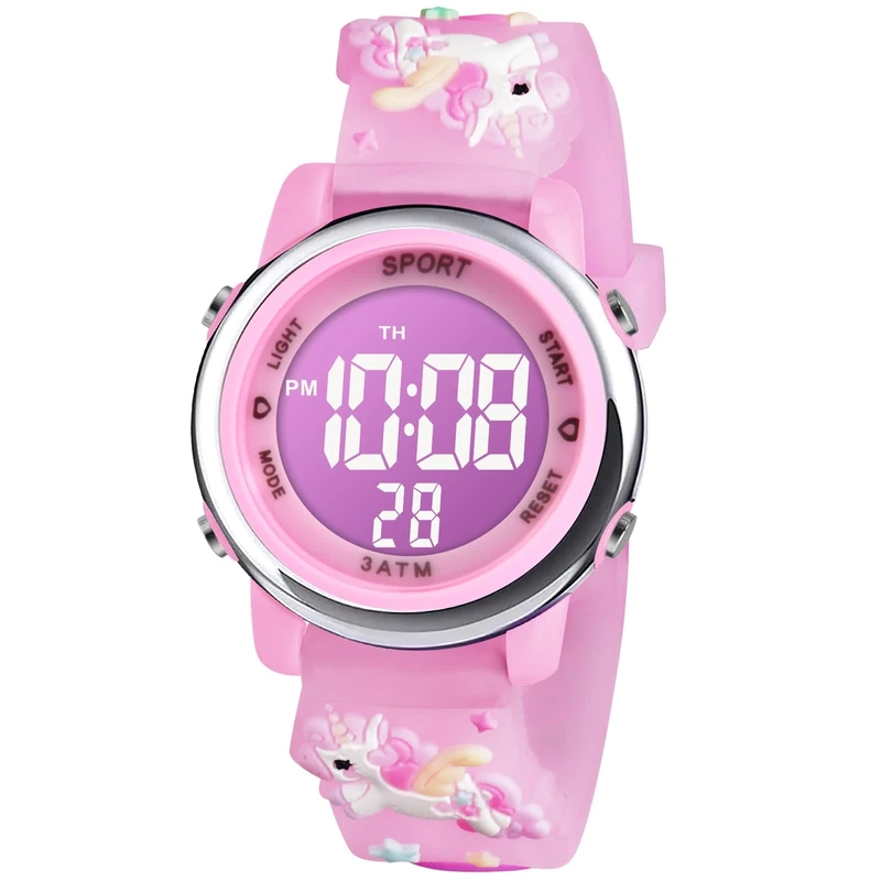 Vicloon Kids Watch, Toddler Digital Watch LED Electrical Watches 7 Color Lights with Alarm Stopwatch Unicorn Valentine's Day Gift for 3-10 Year Girls (Pink)