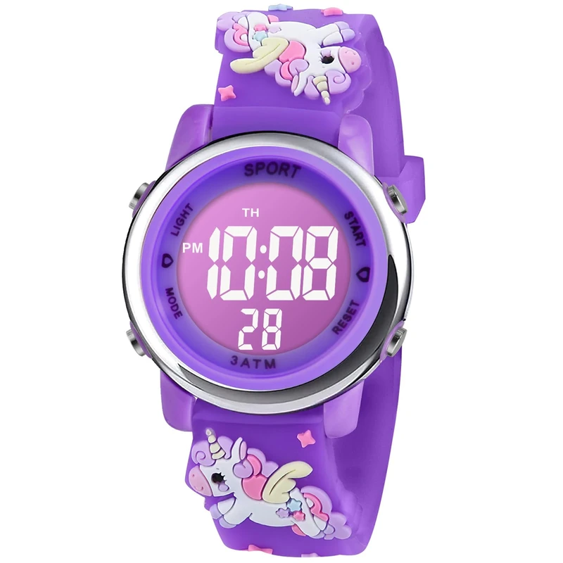 Vicloon Kids Watch, Toddler Digital Watch LED Electrical Watches 7 Color Lights with Alarm Stopwatch Unicorn Valentine's Day Gift for 3-10 Year Girls (Dark Purple)