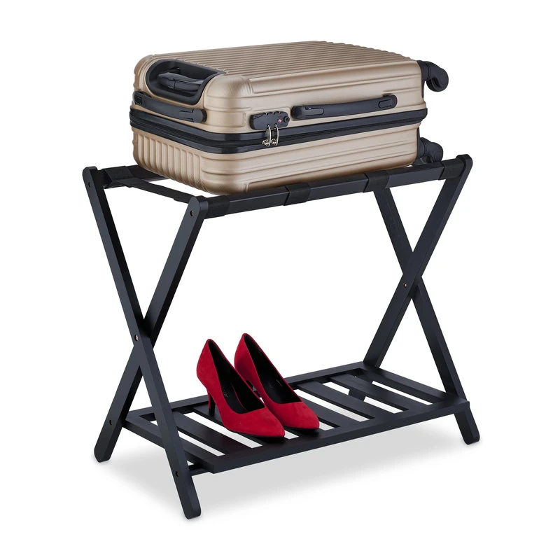 Relaxdays Luggage Rack, Foldable, Bamboo, HxWxD: 59 x 68 x 40 cm, with Shelf, Suitcase Storage Hotel, Black, 90% 10% Nylon