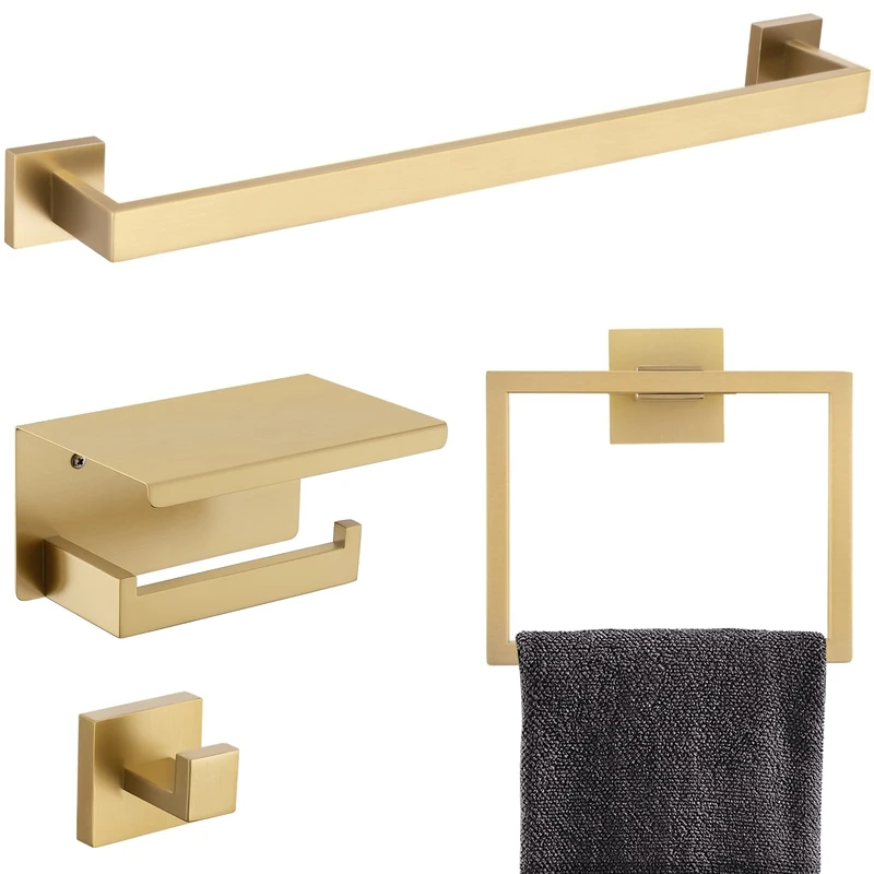 Brushed Gold Bathroom Towel Bar Holder Sets Premium Stainless Steel 4-Piece Bathroom Hardware Set Wall Mounted Bathroom Toilet Paper Holder with Shelf Set.
