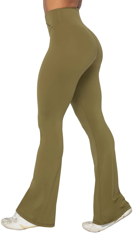 Sunzel Flare Leggings, Crossover Yoga Pants with Tummy Control, High-Waisted and Wide Leg, Martini Olive, M