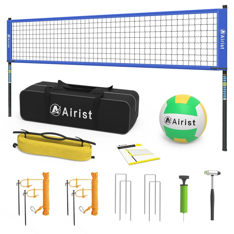 Airist Portable Volleyball Net Set,Professional Volleyball Nets Set for Backyard and Beach,Outdoor Volleyball Net with Height Adjustable Poles,Volleyball and Carrying Bag(Blue), 32FT (AIR-US-PT-007)