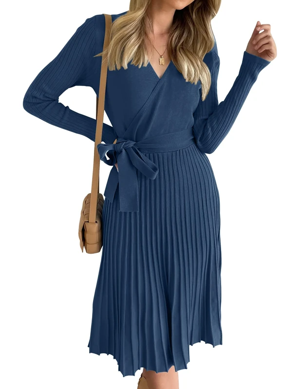 ZESICA Women's 2024 Fall Long Sleeve Wrap V Neck Ribbed Knit Pleated A Line Pullover Sweater Dress with Belt, Navy, M