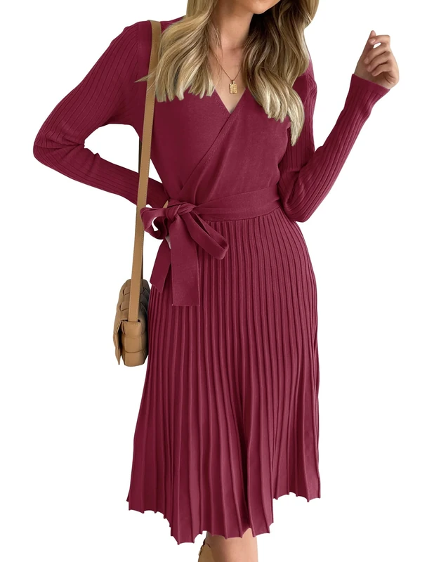 ZESICA Women's Fall Long Sleeve Wrap V Neck Ribbed Knit Pleated A Line Pullover Sweater Dress with Belt, Plum, S