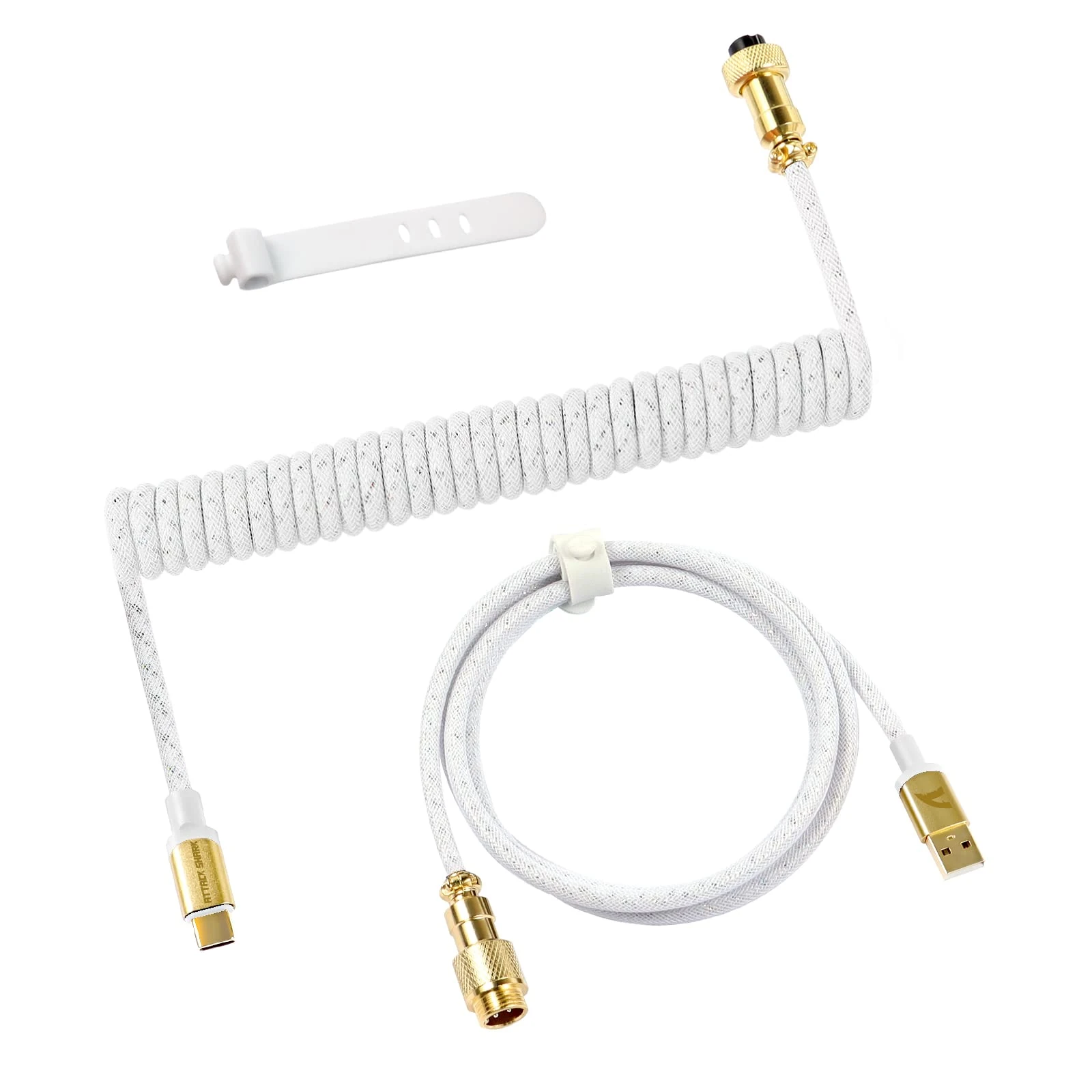 ATTACK SHARK Coiled USB-C to USB-A Aviator Cable for Mechanical Keyboard - Double-sleeved With Gold-plate Metal Aviation Connector for Gaming - White
