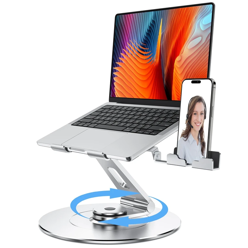 LOXP Ultra-Stable Aluminumy Swivel Laptop Stand for Desk with Rotating Foldable Phone Holder, 300% Large Base Stability, Anti-Loosening Structure, Suitable for 10"-17.3" Laptops - Image 1