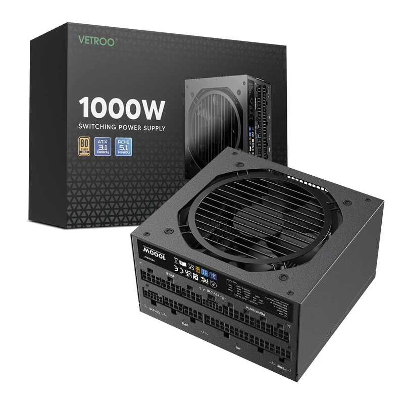 Vetroo 1000W Black Power Supply ATX 3.1 Ready Dual PCIe 5.1, 80 Plus Gold Full Modular, Eco Mode with 120mm FDB Fan, Compact Size, 10 Year Warranty for Gaming PC