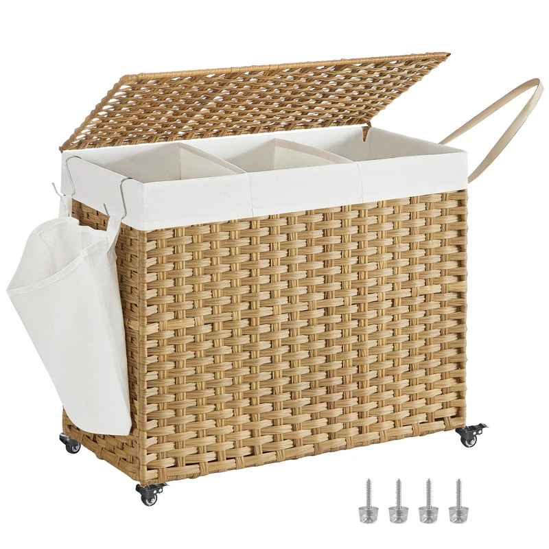 SONGMICS Laundry Basket with Lid, 160 L, Rolling Laundry Hamper with Wheels, 3-Compartment Synthetic Rattan, Removable Liner, for Laundry Room, Bedroom, 70 x 36 x 66 cm, Natural LCB365N01