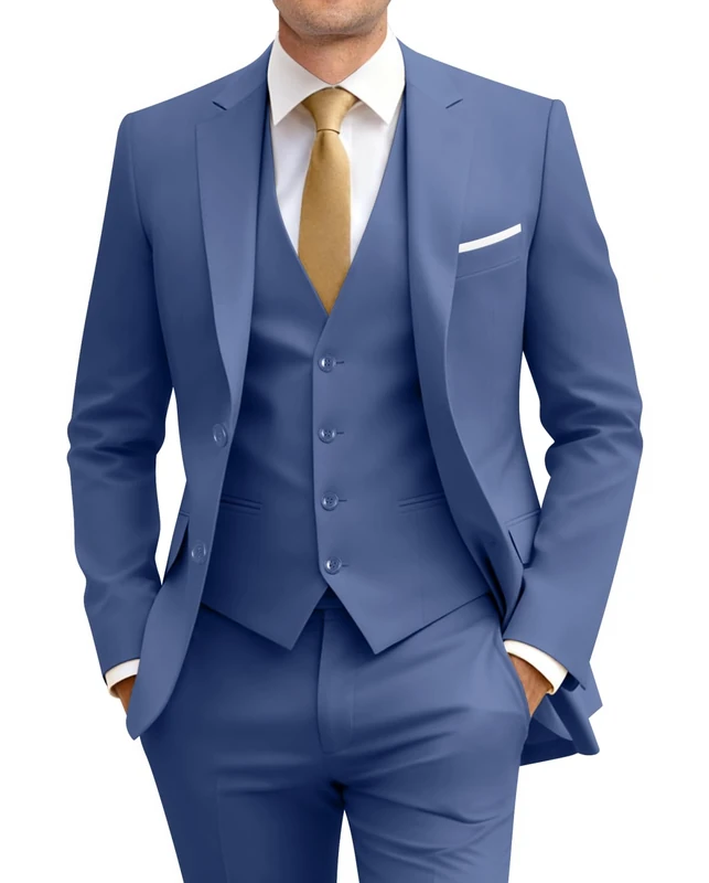 Amyox Men's Slim Fit 3 Piece Suit Two Button Business Wedding Dress Tux Suit Set Jacket Vest Pants with Tie, Denim Blue, Small
