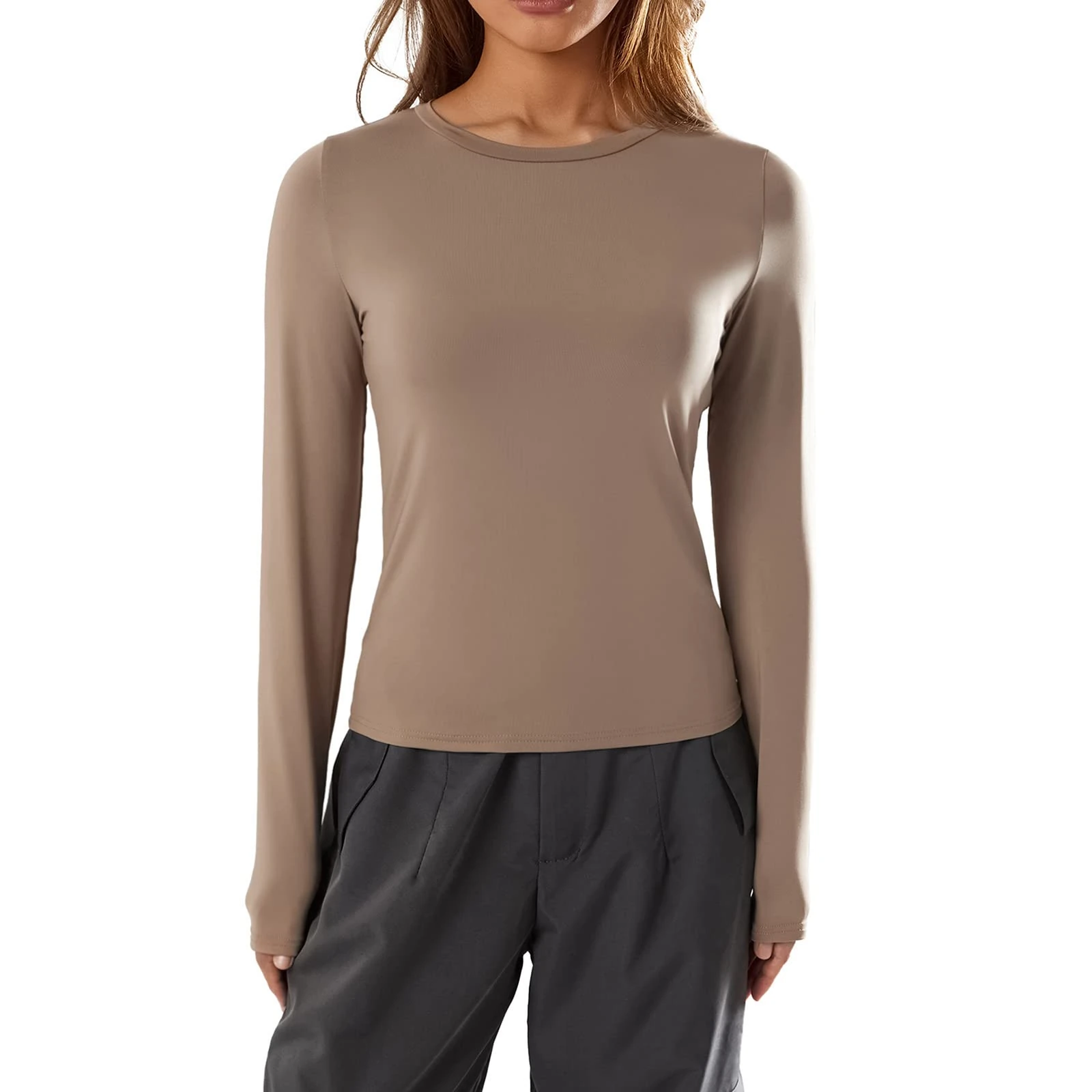 Geagodelia Women's Long Sleeve T-Shirt Ladies Sexy Crop Top Y2K Fashion Aesthetic Clothes Going Out Outfit Skims Dupe Club Party Streetwear Spring Summer (A - Caffee, S)