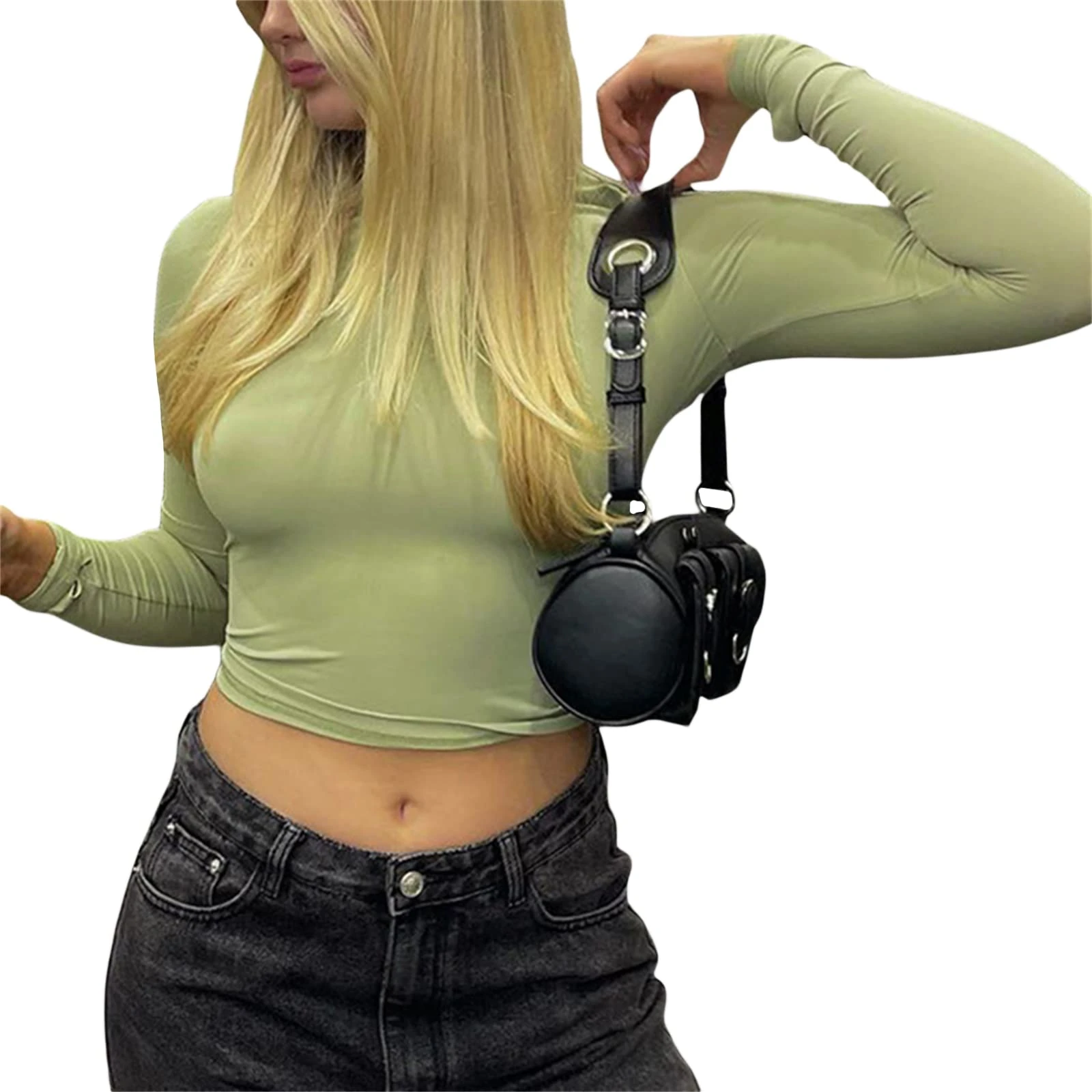 Geagodelia Women's Long Sleeve T-Shirt Ladies Sexy Crop Top Y2K Fashion Aesthetic Clothes Going Out Outfit Skims Dupe Club Party Streetwear Spring Summer (A - Green, S)