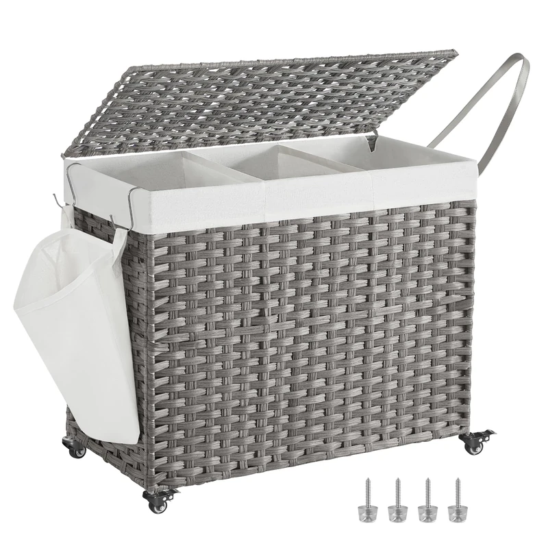 SONGMICS Laundry Basket with Lid, 160 L, Rolling Laundry Hamper with Wheels, 3-Compartment Synthetic Rattan, Removable Liner, for Laundry Room, Bedroom, 70 x 36 x 66 cm, Grey LCB365G01