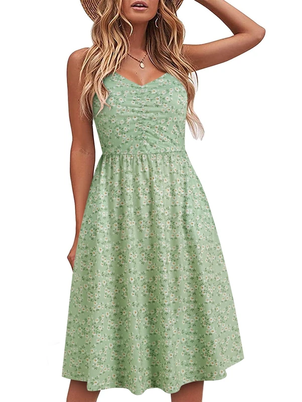 YATHON Casual Dresses for Women Sleeveless Cotton Summer Beach Dress A Line Spaghetti Strap Sundresses with Pockets, Yt090-green Floral 02, XL