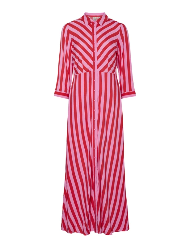 YAS Women's Yassavanna Long Shirt Dress S. Noos Dress, Cyclamen/Stripes: Bittersweet, L