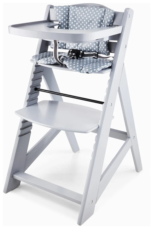 Moby-System Woody High Chair, Height Adjustable, Wooden Feeding Chair, 3 Point Seat Belt, Solid Wood, Grey