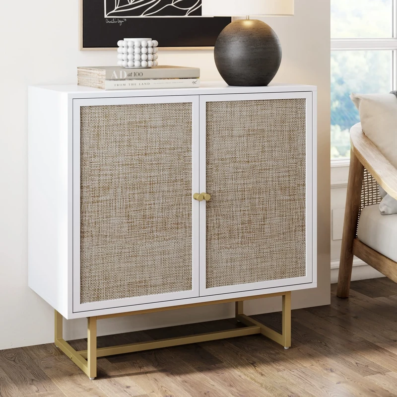 Nathan James Kova Rattan Wood Accent Natural Sideboard Storage Cabinet with Matte Metal Frame, Adjustable Interior Shelves and Cane Doors, for Hallway, Entryway or Living Room, White/Cane/Brass