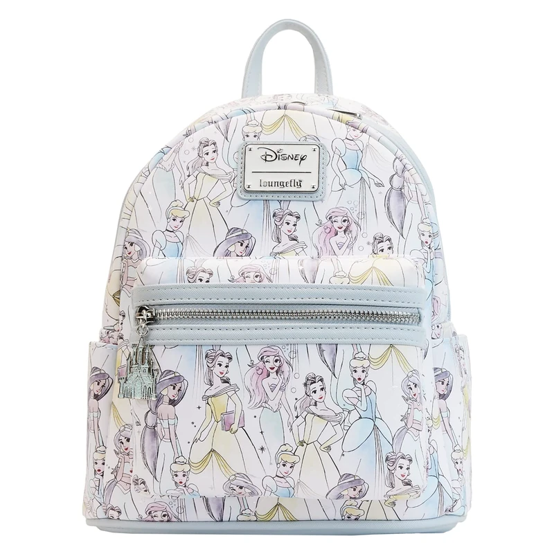 Loungefly Disney Princesses Sketch Pastel Colors All Over Print Womens Double Strap Shoulder Bag Purse, Multi, One Size