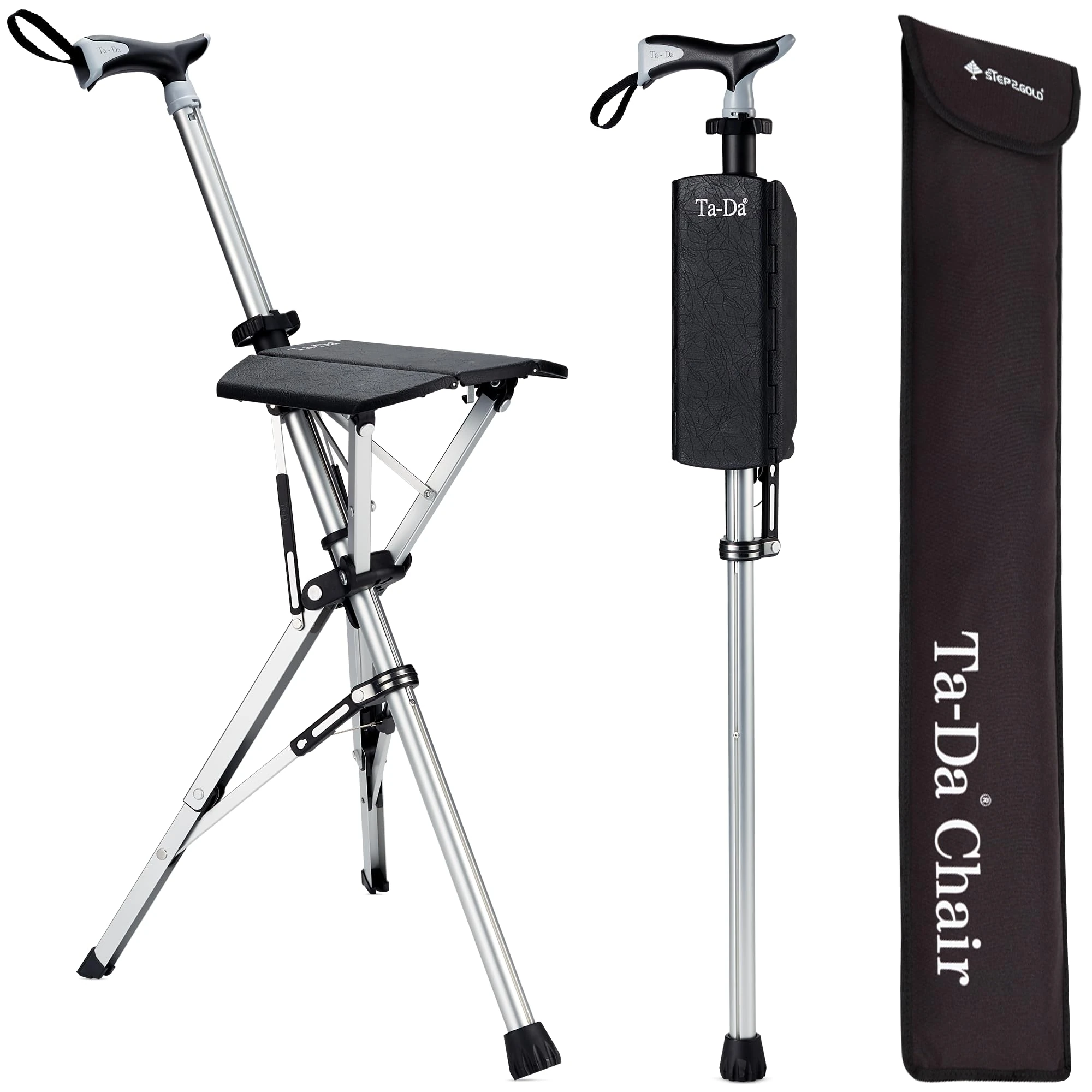 STEP2GOLD Ta-Da Chair - Walking Stick with Seat, Ultra-Light Aluminium Frame & Sturdy Foldable Stool (up to 110kg), Collapsable Folding Design, Ideal for Travel & Sightseeing - Black, 85 cm
