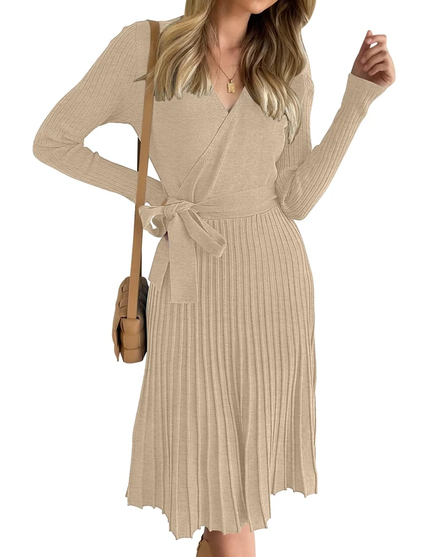 ZESICA Women's 2024 Fall Long Sleeve Wrap V Neck Ribbed Knit Pleated A Line Pullover Sweater Dress with Belt, Oatmeal, M