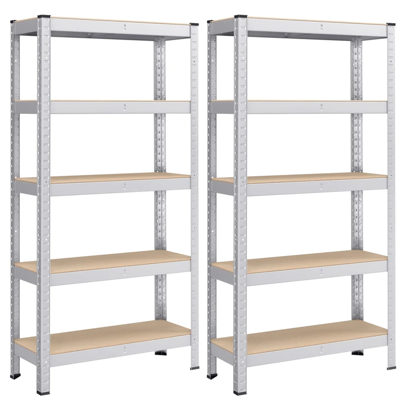 SONGMICS 5-Tier Shelving Unit, Set of 2 Steel Shelving Unit for Storage, Boltless Assembly, for Garage, Shed, Load Capacity 650 kg Each, 30 x 75 x 150 cm, Silver GLR030E02